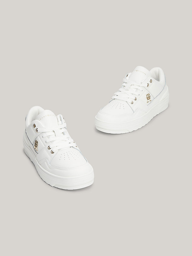 white leather th monogram basketball trainers for women tommy hilfiger