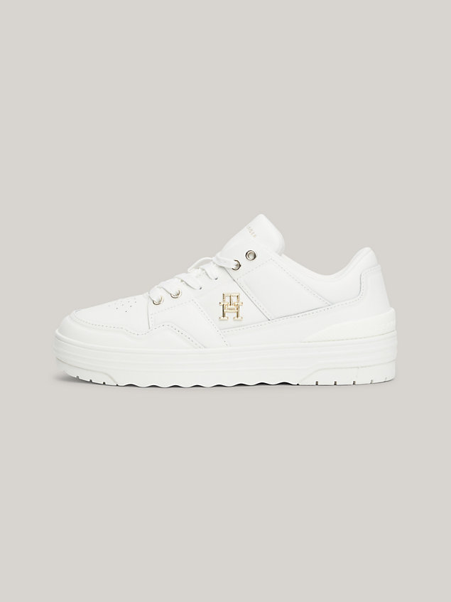 white leather th monogram basketball trainers for women tommy hilfiger