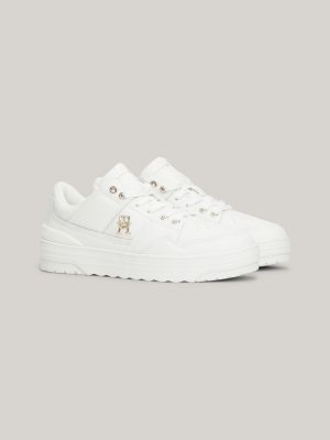 Tommy hilfiger essential leather best sale icon logo trainer in white