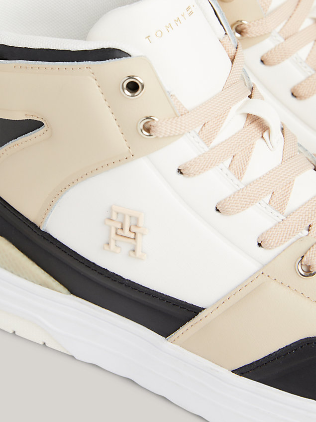beige leather high-top basketball trainers for women tommy hilfiger