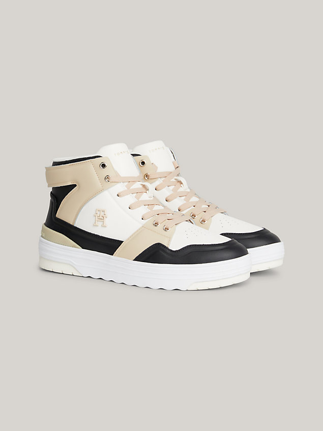 beige leather high-top basketball trainers for women tommy hilfiger