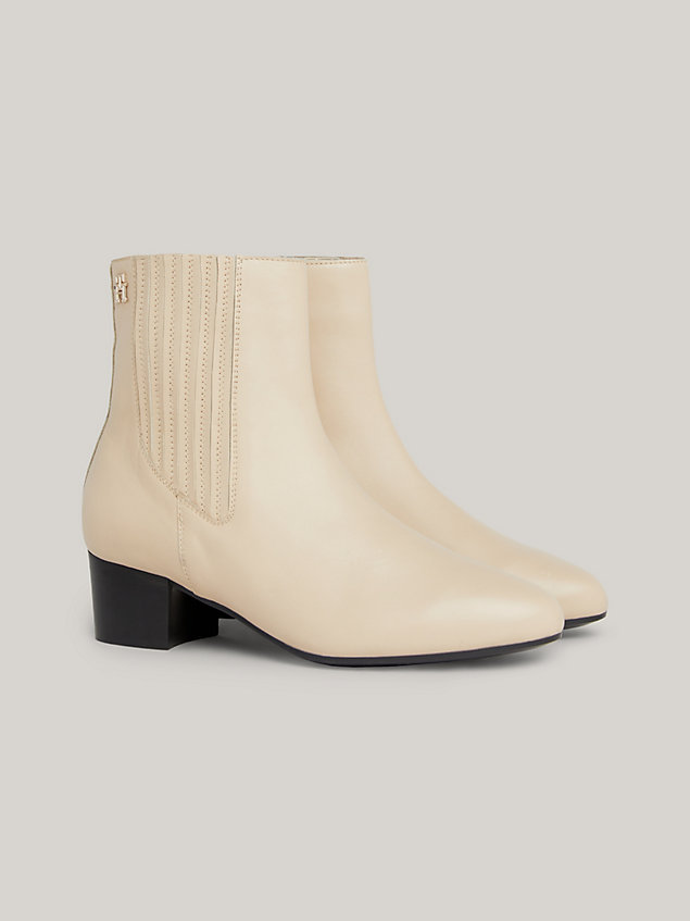 beige essential leather block heel ankle boots for women tommy hilfiger
