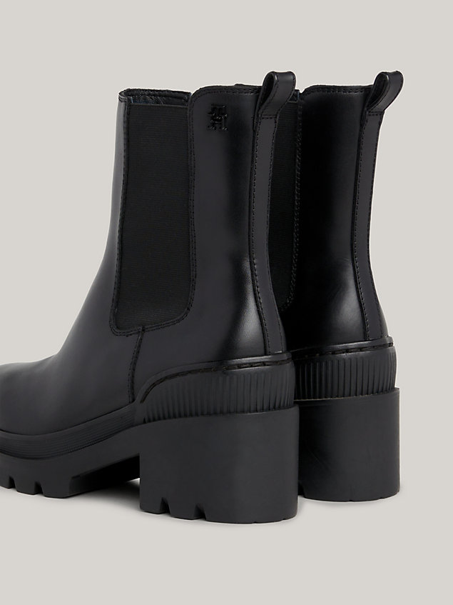 black leather cleat mid block heel boots for women tommy hilfiger