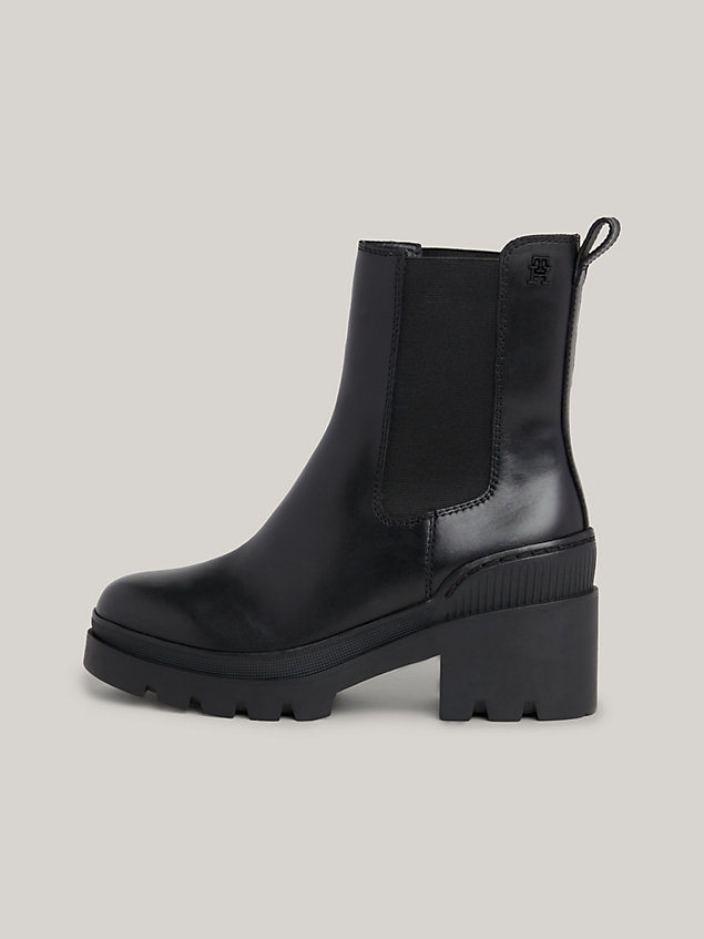 black leather cleat mid block heel boots for women tommy hilfiger