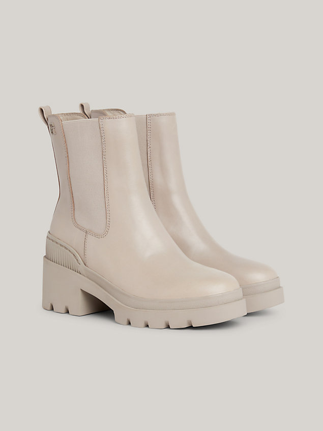 grey leather cleat mid block heel boots for women tommy hilfiger