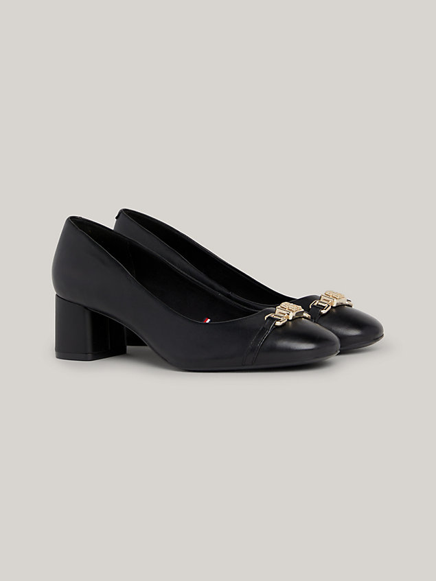 black th monogram leather block heel shoes for women tommy hilfiger