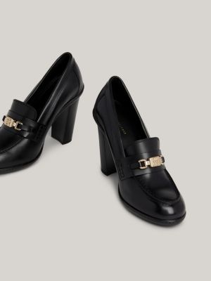 Black leather cheap heeled loafers womens