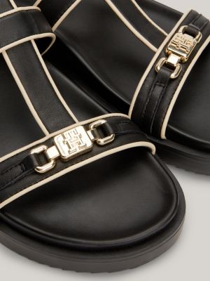 TH Monogram Leather Open Toe Sandals Black Tommy Hilfiger