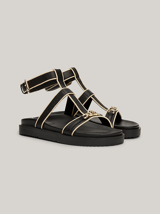black th monogram leather open toe sandals for women tommy hilfiger