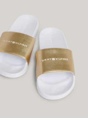 Metallic Logo Pool Slides | White | Tommy Hilfiger