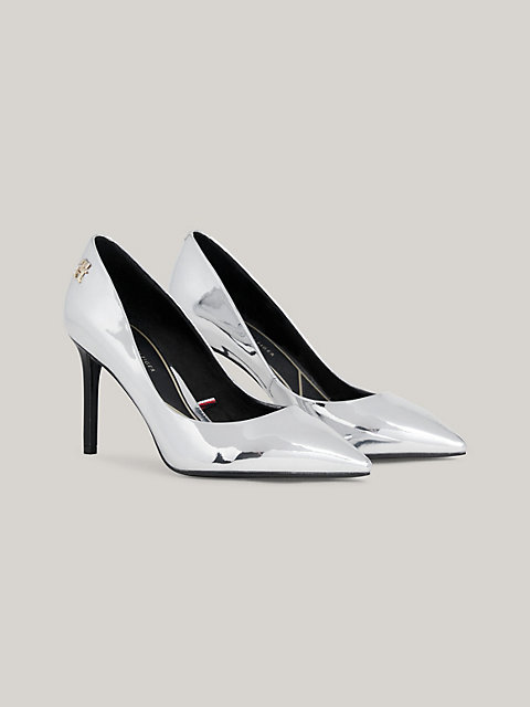 grey tommy hilfiger x festive th monogram metallic stiletto heels for women tommy hilfiger