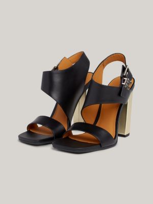 Black leather 2024 block heel sandals