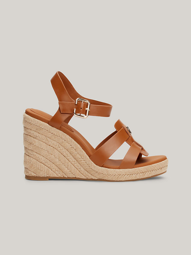 brown leather high wedge cage espadrille sandals for women tommy hilfiger