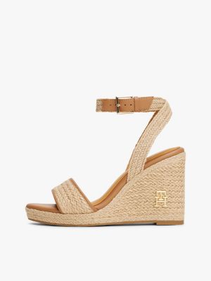 beige th monogram linen rope wedge sandals for women tommy hilfiger