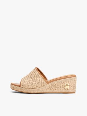 beige linnen sandaal met sleehak en th-monogram voor dames - tommy hilfiger
