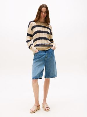 beige linnen sandaal met sleehak en th-monogram voor dames - tommy hilfiger