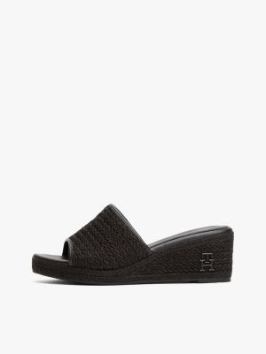 black th monogram linen rope wedge sandals for women tommy hilfiger