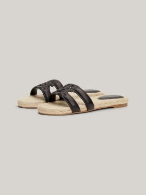 sandali espadrillas in pelle con monogramma nero da donne tommy hilfiger