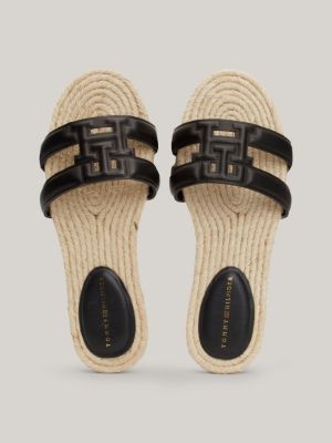 sandali espadrillas in pelle con monogramma nero da donne tommy hilfiger