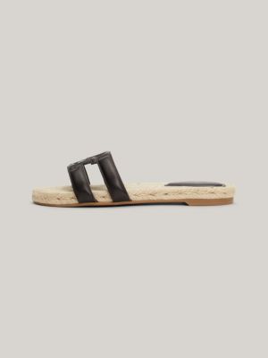 sandali espadrillas in pelle con monogramma nero da donne tommy hilfiger