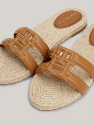 sandali espadrillas in pelle con monogramma marrone da donne tommy hilfiger