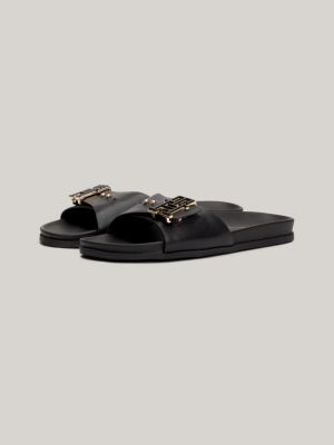 black th monogram flache leder-sandale für damen - tommy hilfiger