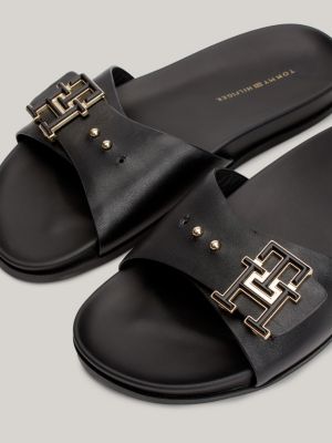 TH Monogram Leather Flat Sandals Black Tommy Hilfiger