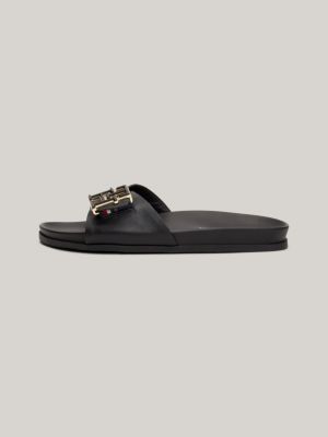 TH Monogram Leather Flat Sandals | Black | Tommy Hilfiger