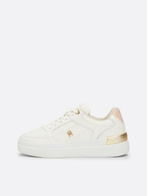 white th monogram metallic leather court trainers for women tommy hilfiger