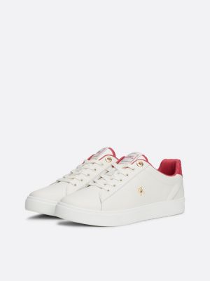 beige leren sneaker met th-monogram voor dames - tommy hilfiger