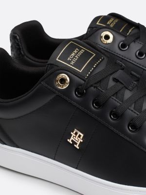 black leather th monogram trainers for women tommy hilfiger