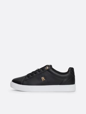 black leather th monogram trainers for women tommy hilfiger