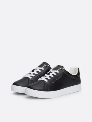 black leather metallic logo court trainers for women tommy hilfiger