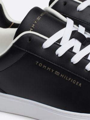 black leather metallic logo court trainers for women tommy hilfiger