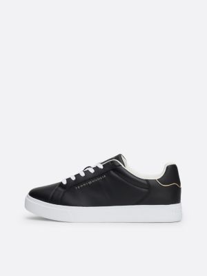 black leather metallic logo court trainers for women tommy hilfiger