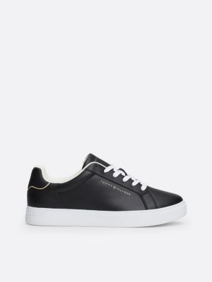 black leren court sneaker met metallic logo voor dames - tommy hilfiger