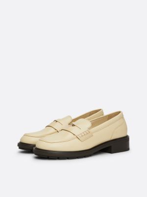 beige half cleat utility leather penny loafers for women tommy hilfiger