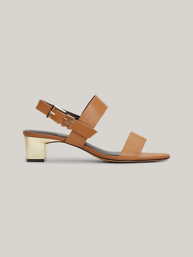 brown th monogram leather block heel sandals for women tommy hilfiger