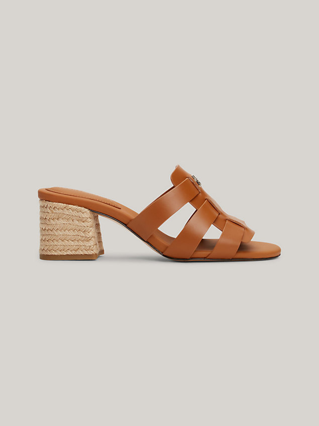 brown rope block heel cage leather sandals for women tommy hilfiger