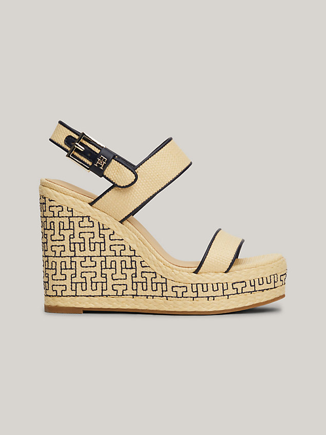 beige th monogram raffia wedge platform sandals for women tommy hilfiger