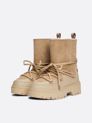 scarponcini da neve stringati in shearling beige da donne tommy hilfiger