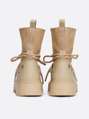 beige shearling leather lace-up snow boots for women tommy hilfiger