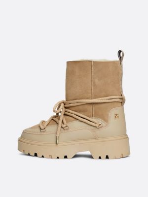 beige shearling leather lace-up snow boots for women tommy hilfiger