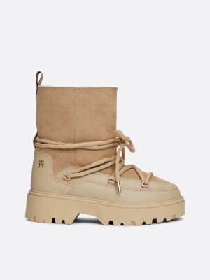 beige shearling leather lace-up snow boots for women tommy hilfiger