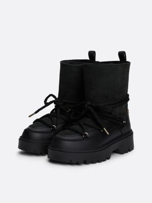 black shearling leather lace-up snow boots for women tommy hilfiger