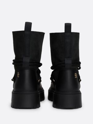 black shearling leather lace-up snow boots for women tommy hilfiger