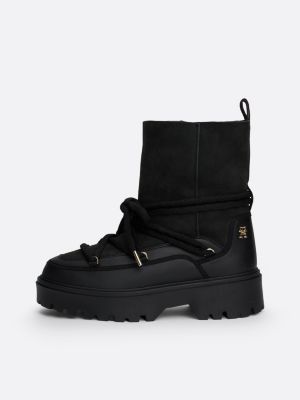 black shearling leather lace-up snow boots for women tommy hilfiger