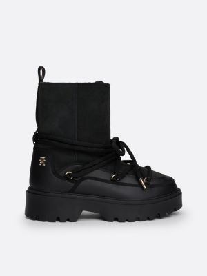 black shearling leather lace-up snow boots for women tommy hilfiger