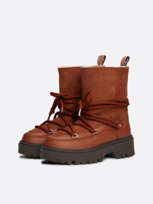 brown shearling leather lace-up snow boots for women tommy hilfiger