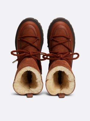 brown shearling leather lace-up snow boots for women tommy hilfiger